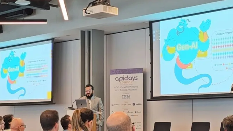 Sohaib Tariq presenting at apidays London beside slides showing a Gen-AI genie